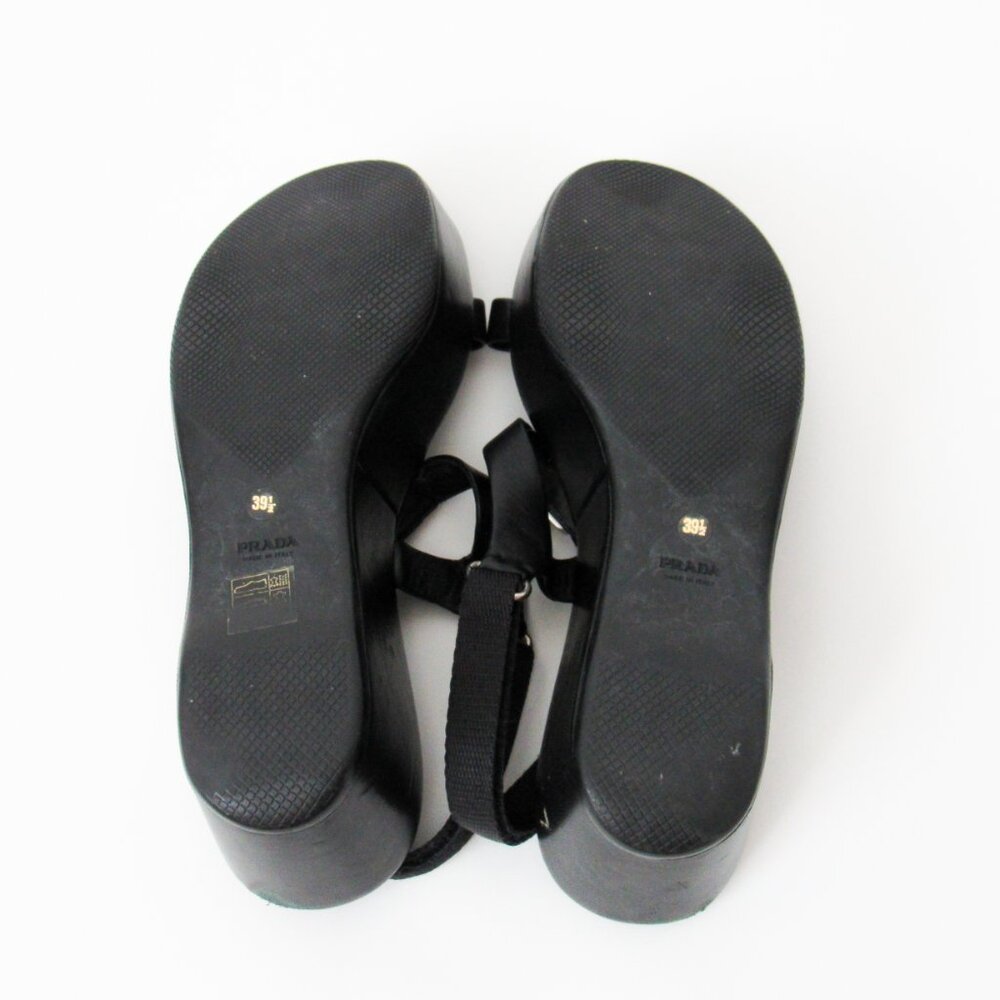 PRADA 90’s VINTAGE Black Sporty Open Toe Platform Sandals W/Metal Buckles Size-9 - Picture 10 of 14